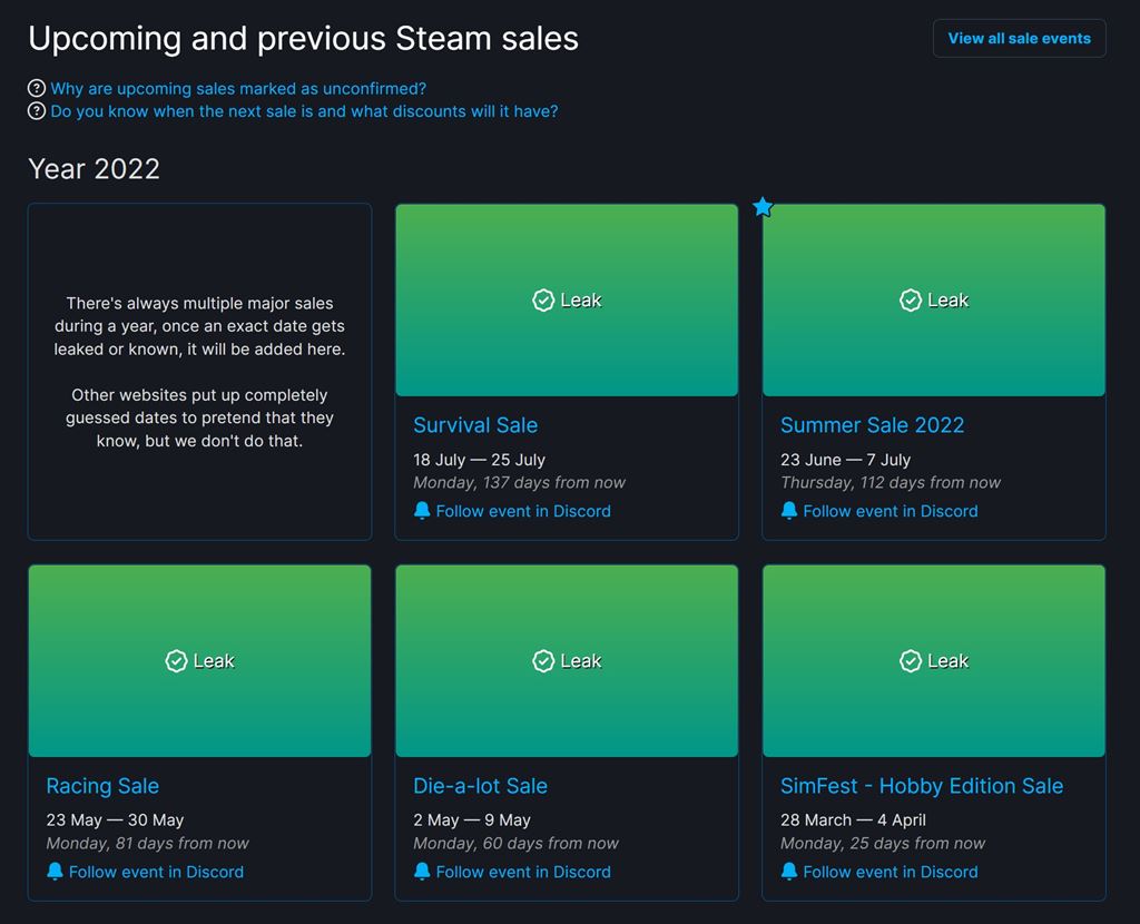 Upcoming and previous Steam sales